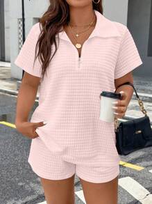Calvaya 2pcs Plus Size Women Solid Color Zipper Partial Placket Short Sleeve Top And Shorts Casual Set - Pink - View 1