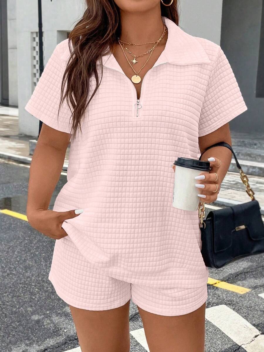 Calvaya 2pcs Plus Size Women Solid Color Zipper Partial Placket Short Sleeve Top And Shorts Casual Set - Pink - View 1
