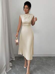 Elenzga Romantic Elegant Pleated A-Line Midi Dress - Apricot - View 3