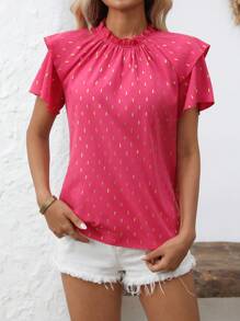 SHEIN LUNE Women's Gold Foil Print Frill Trim Insert Casual Short Sleeve Blouse - Multicolor - View 5