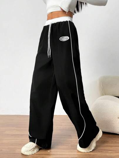 SHEIN Sparklyn 少女休闲拼色腰带，撞色饰边装饰，宽松阔腿裤，时尚宽松休闲长裤，情人节