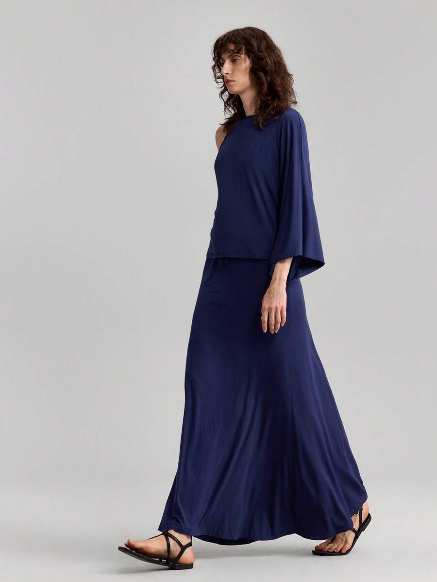 Ontre 2pcs/Set Women Summer Minimalist Loose Top And Skirt Set, Navy Blue - Black - View 1