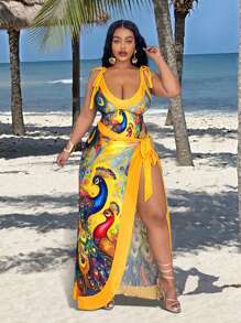 Slaydiva 加大码女式动物印花泳衣，搭配透明系带裙，两件套，适合海滩度假 - 彩色 - 查看 2