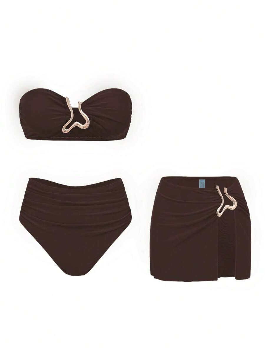 Swim Oasis Bộ 3 đồ bơi nữ màu vàng trơn thời trang lễ hội Boho đi biển: Áo bikini bandeau, quần bikini cạp cao và váy ngắn hở vai đi biển - Cà phê nâu - Xem 1