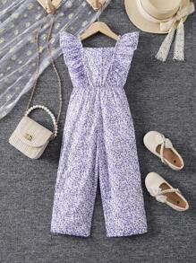 SHEIN بدلة رسمية سبور مربع الياقة مع أكمام قصيرة وطبعات زهرية رقيقة، لفتاة صغيرة - الأرجواني - مشاهدة 2