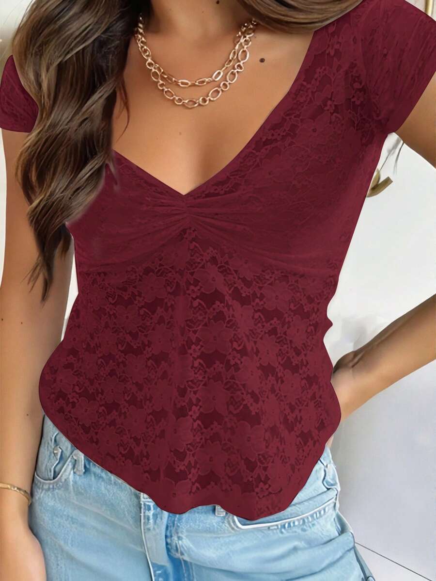 INAWLY 女士优雅纯色蕾丝衬衫，夏季 - 酒紅色 - 查看 1