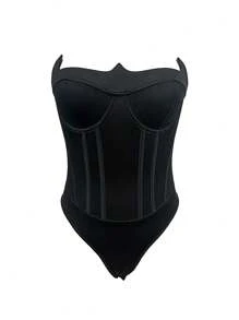 Glamine Women's Solid Color Bandeau Bodysuit, Fitted And Fashionable - Black - View 7