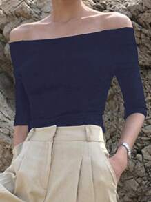 DAZY Camiseta de manga corta de mujer con hombros descubiertos y ajustada, color negro, para primavera/verano - Azul Marino - Ver 2