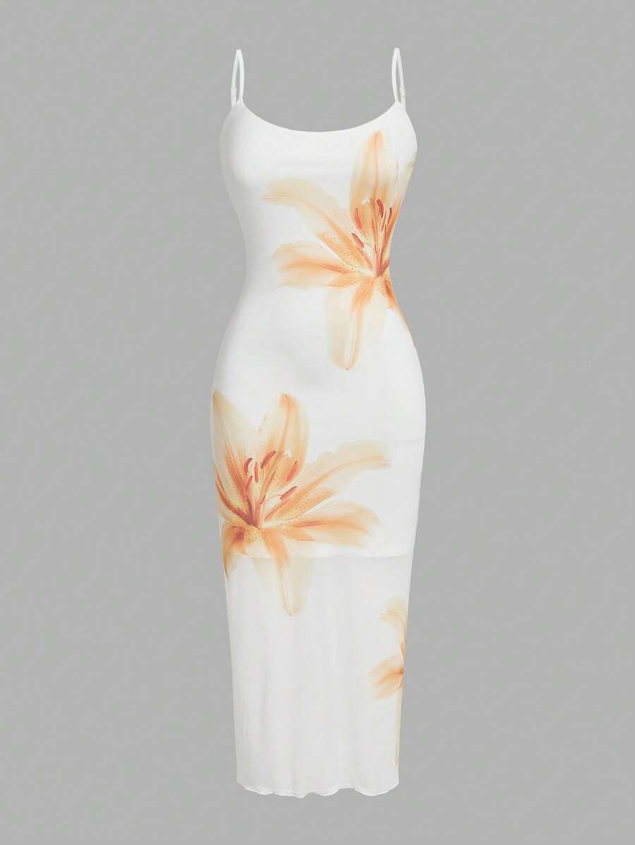 SHEIN MOD 女士优雅花卉印花吊带背心连衣裙 - 白色 - 查看 1