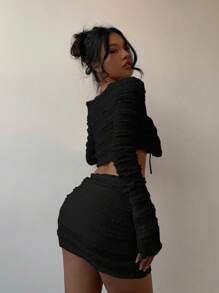 Aloruh 2 件套女士蕾丝蛋糕薄纱迷你裙和女士蕾丝边开领带衬衫，秋冬 - 黑色 - 查看 2