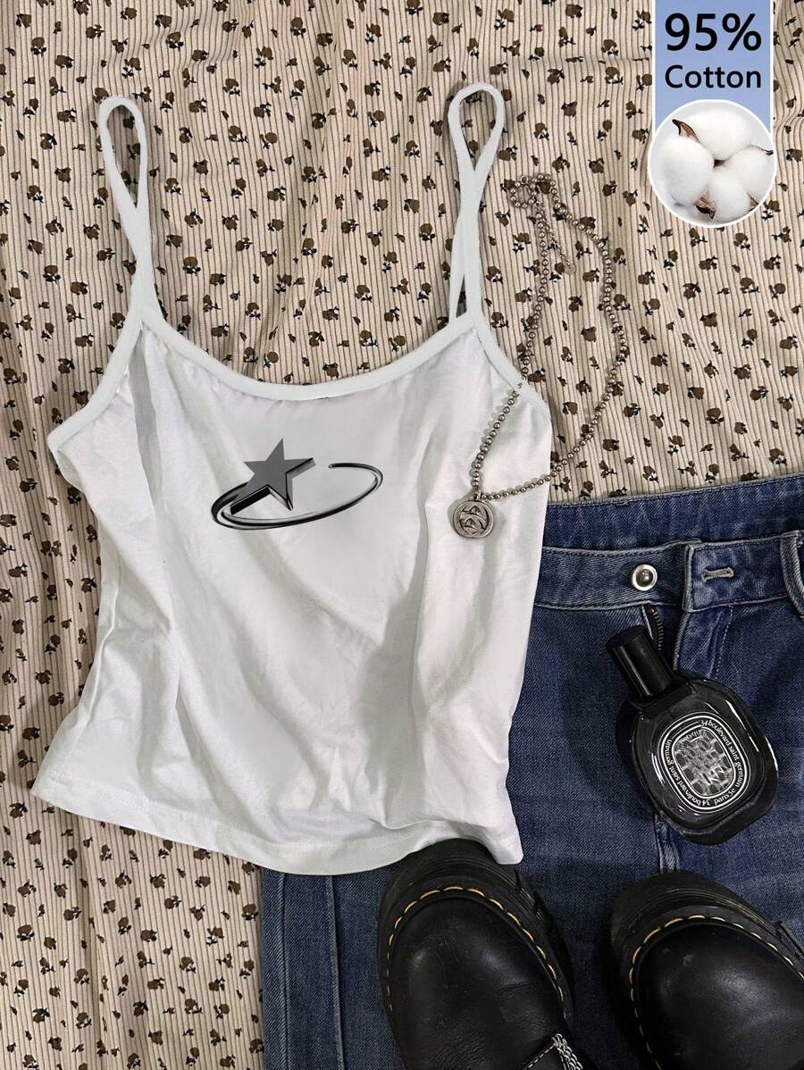 Attitoon Star Pattern Punk Style Soft & Comfortable 95% Cotton Fitted Camisole, Suitable For Spring/Summer, Retro - White - View 1
