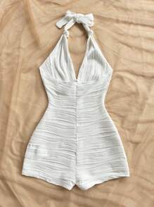 Soleia 女士假日白色波浪针织纹理 V 领露背系带连体衣，合身，适合派对、约会、海滩度假、下午茶 - 白色 - 查看 2