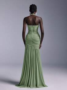 Elitara Elegant Powder Blue Floral Ruched Bust Mesh Overlay Fishtail Maxi Bridesmaid Dress Green