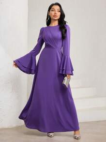 Veilorie Women Elegant Solid Color Flare Sleeve Dress - Purple - View 4