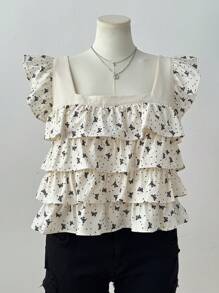 Flirla Plus Size Adorable Butterfly Print Cap Sleeve Blouse - Apricot - View 7