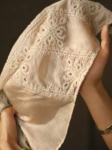 Anewsta Elegant Hollow Embroidery Puff Sleeve Blouse, Women Spring/Summer - Apricot - View 8