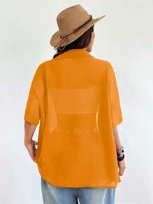 SHEIN EZwear 复古休闲橙色透视音乐节女式短袖纽扣衬衫 - 橘色 - 查看 2