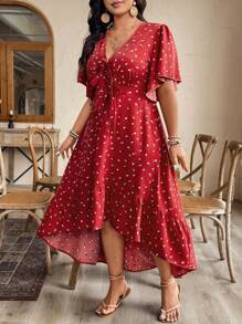 Breezaya Plus Size Women's V-Neck All-Over Print Ruffle Sleeve Asymmetric Hem Dress, Spring/Summer - Red - View 3