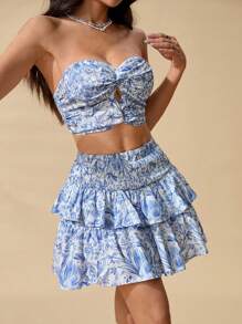 SHEIN PETITE 2pcs/Set Women's Floral Print Bralet And Short Skirt Set, Fashionable Holiday Outfit