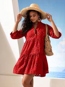 Aveloria Modichic 纯色孔眼刺绣 A 字裙度假装女士 - 紅色 - 查看 4