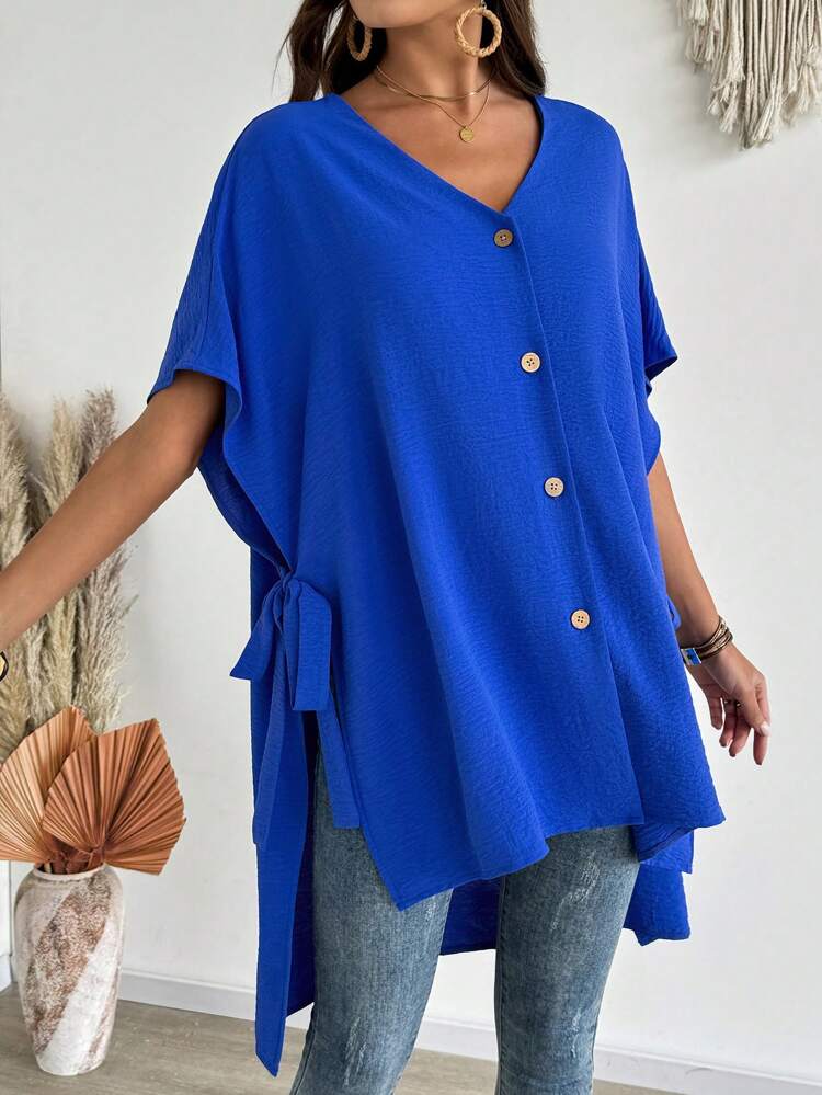 Women's Casual Loose Button Decor Batwing Sleeve Blouse, Summer