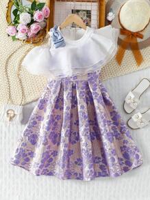 SHEIN Tween Girls Floral Jacquard Ruffle Asymmetrical Collar Fashion Dress - Multicolor - View 3