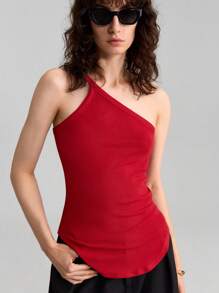 Ontre Women's Asymmetric Ribbed Elastic Camisole, Minimalistic And Fashionable, Suitable For Summer - Red - View 5