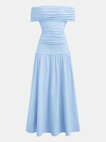 SHEIN Girlism Teen Girl Blue Color, Elegant Retro,Back To School/Party Outfits,Birthday Outfits,Prom Dress, Knitted One-Shoulder Pleated Long Dress - Baby Blue - View 5