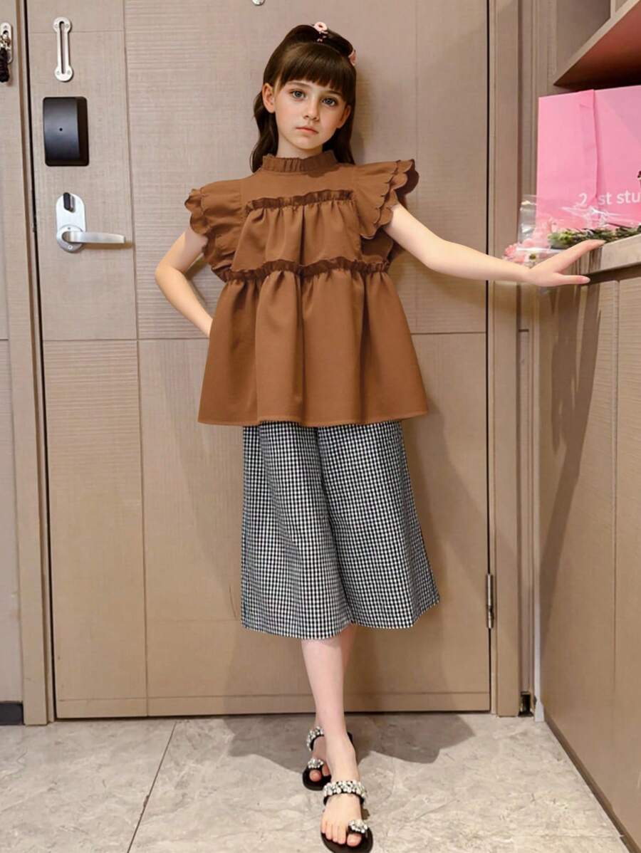 SHEIN 2pcs/Set Tween Girl Cap Sleeve Shirt & Plaid Pants Set,