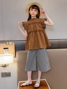 SHEIN 2pcs/Set Tween Girl Cap Sleeve Shirt & Plaid Pants Set,