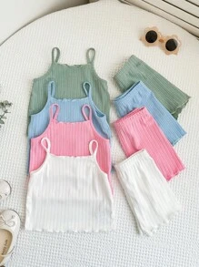 8 件套 女婴休闲纯色针织吊带背心和短裤套装