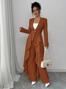 Elenzga 女士收腰优雅浪漫长袖夹克和裤子套装 - 咖啡棕 - 查看 4