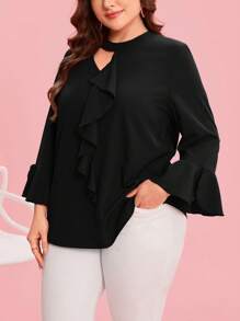 SHEIN Clasi Plus Size Women Solid Flare Cuff Ruffle Hem Elegant Shirt Valentines - Black - View 6