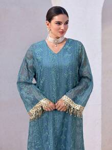 Al Najma 女士休闲简约阿拉伯风格连衣裙，适合夏季 - 藍色 - 查看 1