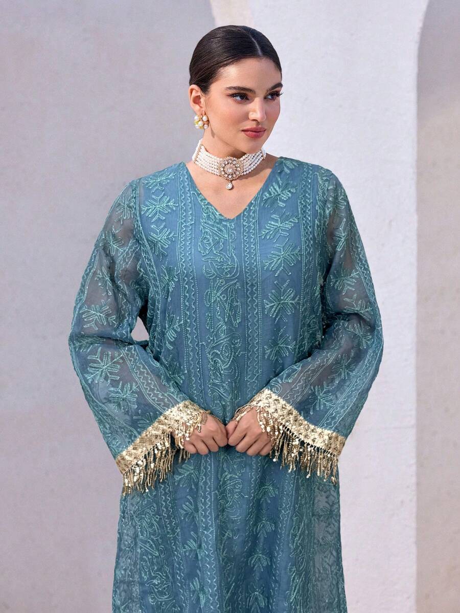 Al Najma 女士休闲简约阿拉伯风格连衣裙，适合夏季 - 藍色 - 查看 1