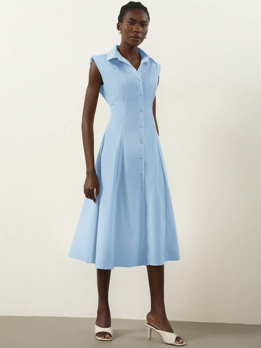 Aveloria Modichic Women's Premium Commuter Wide Strap Pad Lapel Full Button Front Gathered Waist Slightly A-Line Dress - Baby Blue - View 1