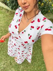 SHEIN EZwear Cherry Print Short Sleeve Dress, Women Holiday Fashion Outfit - White - View 4