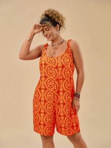 Travachic Plus Size Women Floral Retro Print Red Strap Loose Casual Jumpsuit - Orange - View 6