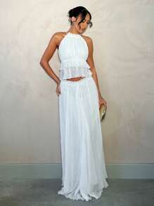 SHEIN BAE 夏季海滩度假优雅百褶裙，适合日常约会、夜间外出、夜总会、派对、聚会、鸡尾酒会、泳池派对、度假裙装女士白色不对称褶皱裙，高开衩，低腰，非常适合夏季浪漫的海滩度假和约会 - 白色 - 查看 5