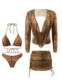 SHEIN Traje de baño de 4 piezas, sexy y elegante con diseño de leopardo y espalda descubierta para mujer