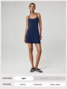 GLOWMODE FeatherFit™-Air Peekaboo Square Neck Pocket Anti-Slip Active Mini Dress With Built-In Shorts Spring Summer Quick Dry Moisture Wicking - Dark Blue - View 7