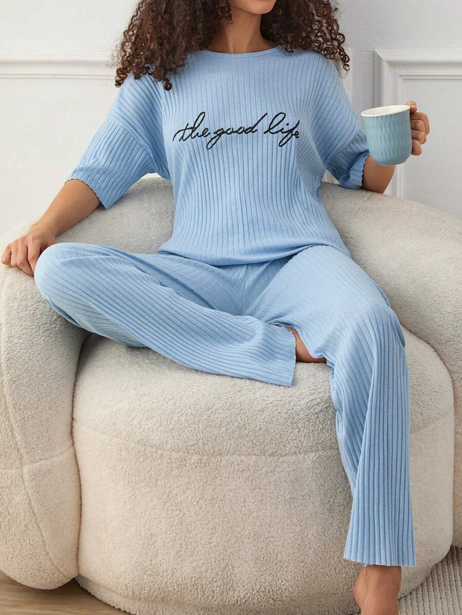 RueChic Women Contrast Colour Slogan Printed Basic Homewear Lounge Set - Blue - View 1