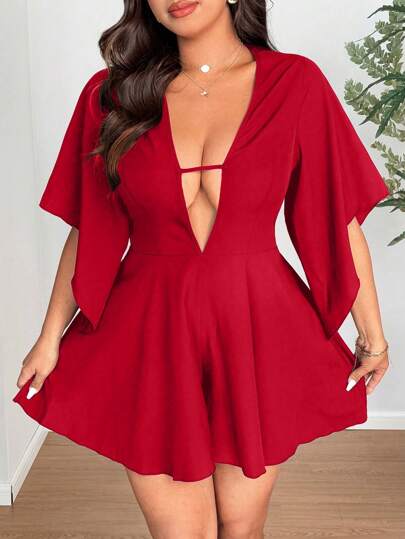 Breezaya Plus-Size Women's Red Deep V-Neck Irregular Sleeve New Year One-Piece Pants