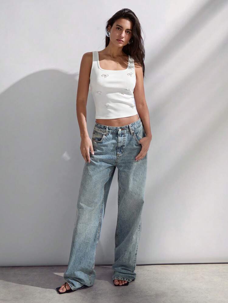 SHEIN Maija White And Silver,Summer,Cute,Everyday Women's White Tank Top,Retro Bohemian Bow Crystal Decor Elegant Urban Casual Fashion Music Festival Party Wear