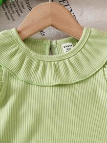 Baby Girl's Korean Fashion Round Neck Floral Ruffle Half Sleeve Knit Solid Rib Top, Summer