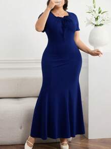 Modelyn Plus Size Women Solid Color Tie Front Short Sleeve Bodycon Fish Tail Dress - Blue - View 4