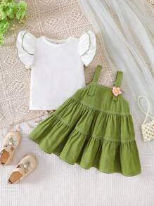 SHEIN Vintaside Kids 2 件套女婴休闲盖袖上衣和吊带裙套装，适合夏季、度假 - 綠色 - 查看 3