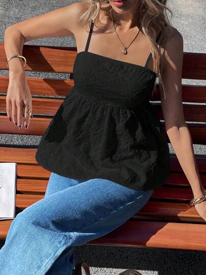 Serisse 女士度假休闲花卉提花荷叶边下摆吊带背心，休闲日常装，夏季上衣，女士短款上衣，女士外出上衣