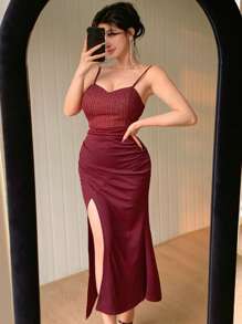 DAZY Women Color Block Strap Side Split Hem Elegant Dress Prom Dress Sundress Wedding Women Dresses Red Women Dresses Valentine's Day - Burgundy - View 3