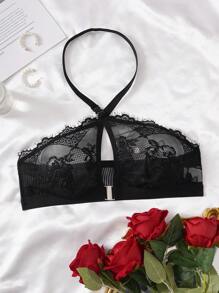 SHEIN 1pc Women Front Clasp Lace Patchwork Wireless Lingerie Bra - Black - View 5